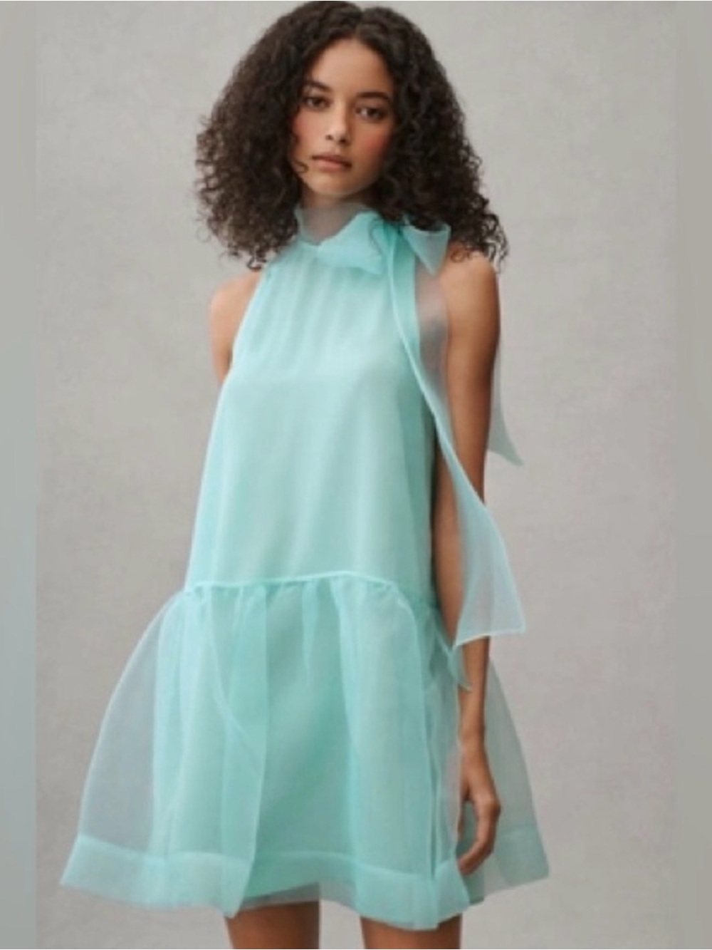 BHLDN Sophia High-Neck Bow-Tie Organza Mini Dress Small